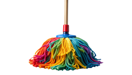 Colorful mop with bright cleaning strands and sturdy handle, isolated on transparent background.