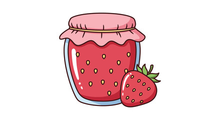 Cartoon illustration of a jar filled with strawberry jam and a strawberry