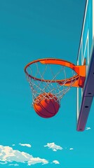 Vibrant Basketball Soaring Towards the Hoop Against a Clear Azure Sky with White Clouds