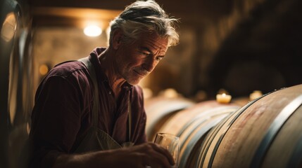 Senior Caucasian man with gray hair inspects a wine barrel in a dimly lit cellar. He holds a glass, examining the wine's color and clarity.