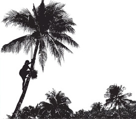 Silhouette of a person climbing a coconut tree showcasing traditional harvesting methods and tropical rural life