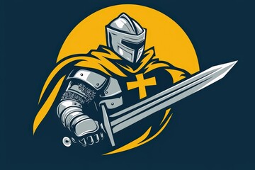 Majestic Knight in Shining Armor with Sword, Symbolizing Bravery and Courage Against Dark Background