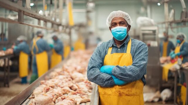 Factory Worker in Protective Gear: A focused factory worker, clad in protective gear, confidently stands amidst a modern food processing facility.