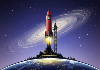 Rocket launching from earth into a swirling galaxy