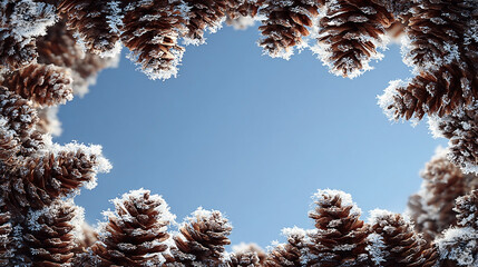 Upward view of pinecones covered in snow against blue sky.