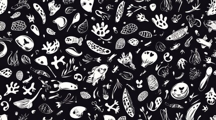 Naklejka premium 36.A highly detailed black and white seamless pattern of cat footprints, fish bones, and tiny toy mice, drawn in a sketchy doodle style, with each element carefully spaced for a clean and balanced
