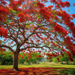 Image of a red flowering flamboyant tree