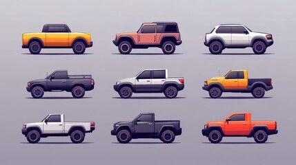 Fototapeta premium 90.Automobiles models flat icon collection. Side view of SUV, hatchback, pickup, and sedan isolated vector illustration set. Cars and vehicles concept:
