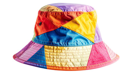 Colorful bucket hat with vibrant patterns and stitched details, isolated on white background.