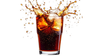 Glass filled with cola and dynamic splash effect, fizzy bubbles visible, isolated on  transparent background png file.