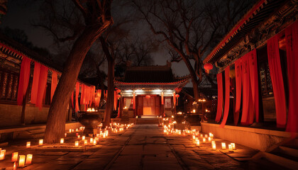 Pathway illuminated by numerous candles leading to traditional red temple gates at night