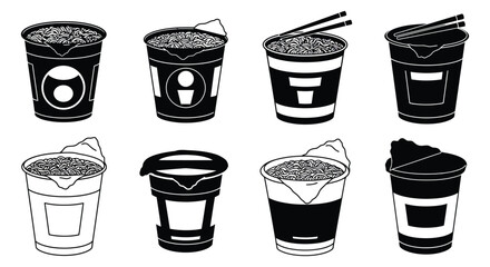 A collection of instant noodle cup illustrations in varying styles and perspectives