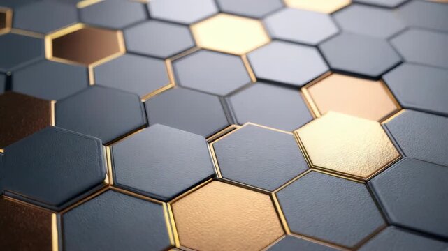 A close up view of interlocking gold and dark hexagonal tiles forms a stylish, high end abstract surface. This geometric pattern is perfect for backgrounds, branding, and creative digital projects