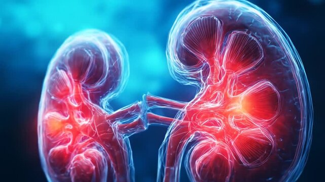 Detailed illustration of human kidneys showcasing anatomical features and blood flow, set against a vibrant blue background with glowing highlights, ideal for educational or medical use