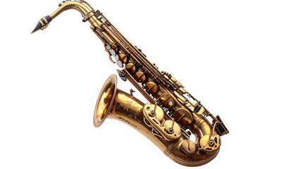 Tenor saxophone with elegant curves, detailed keys and mouthpiece, isolated on transparent png file