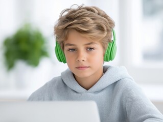 Young boy with light brown hair wearing green headphones is focused on a laptop, immersed in digital learning, showcasing modern technology and education concepts