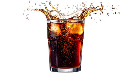 Glass filled with cola and dynamic splash effect, fizzy bubbles, isolated on transparent background png