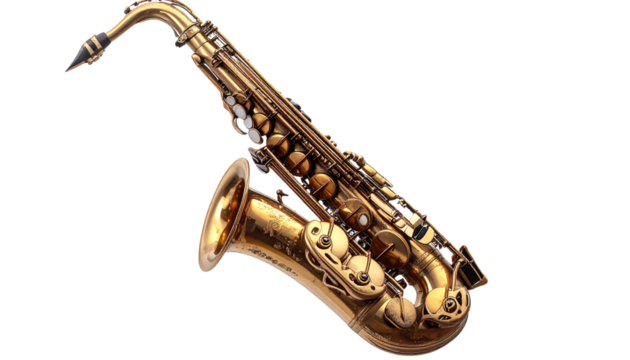 Tenor saxophone with elegant curves, detailed keys and mouthpiece, isolated on transparent png file