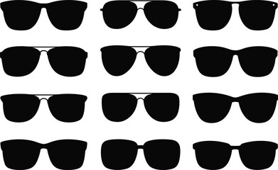 Black Silhouette Set of Diverse Aviator and Wayfarer Sunglasses Shapes, Fashion Eyewear Vector Collection for Summer Style and Optical Design Elements