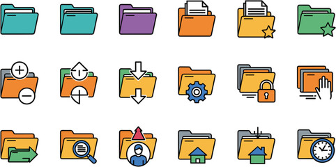 Modern Flat Design Colorful Folder Data Management Organization System Icon Set