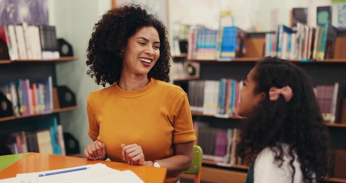 Woman, child or high five at library with books, happy or teaching for extra class session. Support, mother or daughter in study room with homework, writing or learning for childhood development
