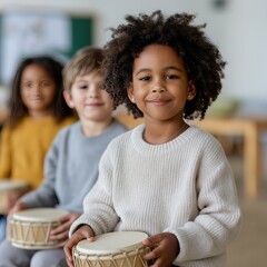 Happy diverse children playing drums in classroom setting