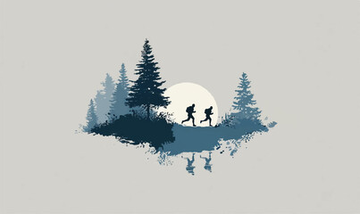 Silhouetted Hikers Running through a Forest Landscape Illustration at Sunset with Reflection for Adventure Concepts and Travel Blog
