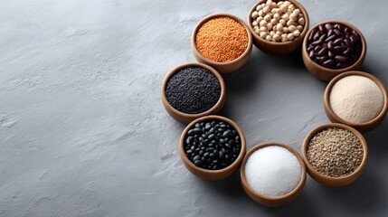 Assorted grains and legumes in wooden bowls on gray background