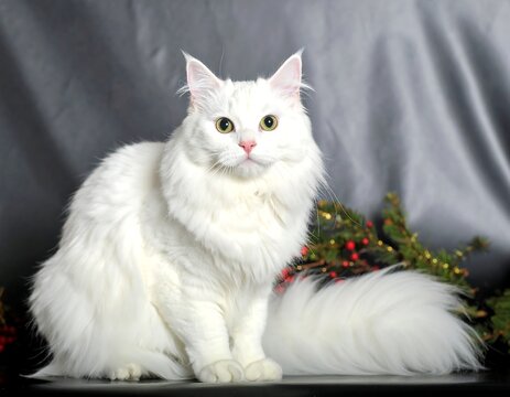 Fluffy white cat sits pretty