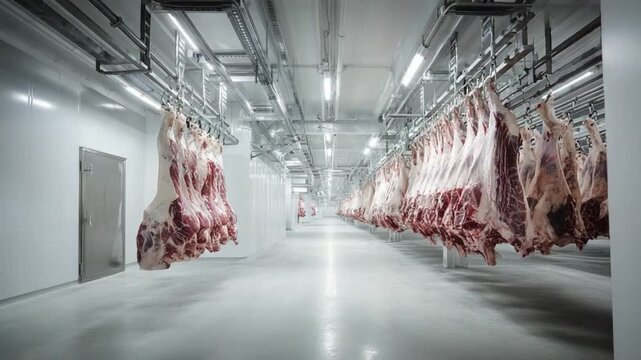 Chilled Meat Production Line: A perspective shot of a sterile meat processing facility, showcases a line of freshly processed carcasses hanging in a refrigerated chamber.