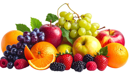 Assorted mixed fruits including apple, orange, grapes, and berries, vibrant colors, isolated on transparent background png file.