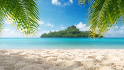 Idyllic tropical beach paradise with palm trees framing a serene turquoise sea view