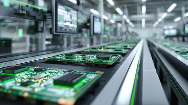 Modern Assembly Line: Precision and efficiency define the sleek, automated assembly line, showcasing the production of intricate circuit boards, a testament to modern technology and innovation.