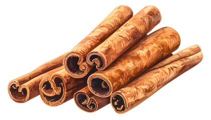 Cinnamon sticks with natural brown texture and curled ends, isolated on white background png file.