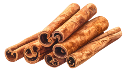 Cinnamon sticks with natural brown texture and curled ends, isolated on white background png file.