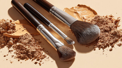 Makeup brush set with foundation and powder on beige background, soft natural light enhancing texture and color