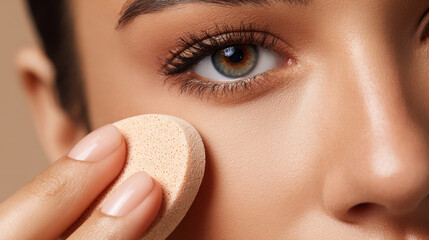 Makeup sponge applying foundation on smooth skin near eye with natural eyelashes and well groomed nails