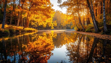 Obraz premium Autumn Forest Scene with Golden Leaves Reflected in Calm River at Sunset Serene Landscape Featuring Reflections Warm Tones Atmospheric Outdoor Nature Image