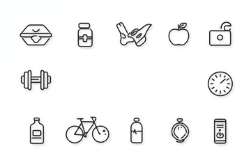 Simple Fitness and Health Icons Set Representing Wellness Diet Exercise Recovery and Time Management