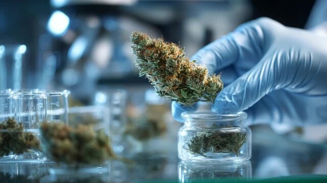 The Scientific Study of Cannabis: A close-up shot of a scientist's gloved hand delicately placing cannabis bud into a glass jar within a laboratory setting, highlighting research