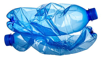 Crushed blue plastic bottle with detailed folds and texture, isolated on white background.