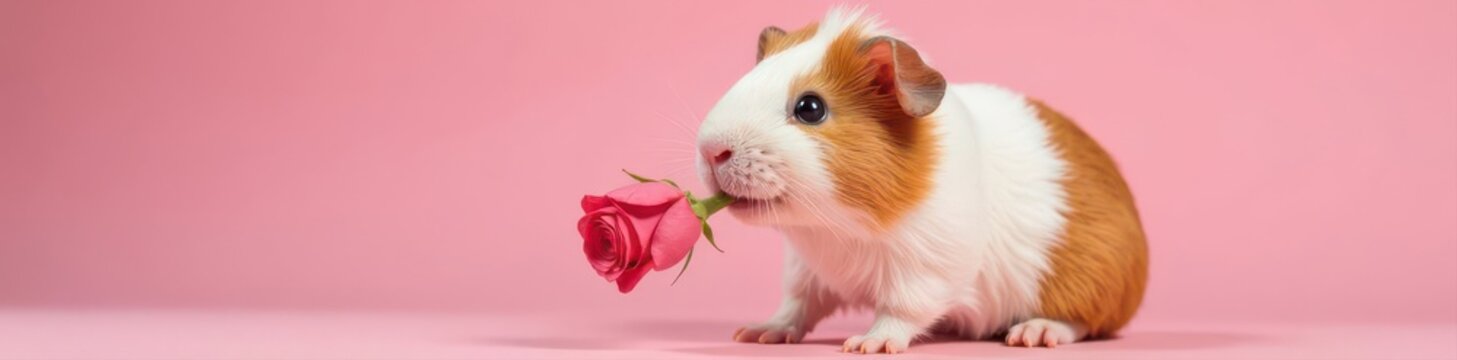Fluffy guinea pig delicately holds a pink rose in its mouth, isolated , portrait, design element