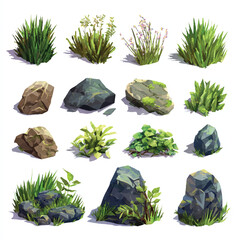 Stylized Game Assets Featuring Rocks Bushes and Grass for Environment Design and Level Creation