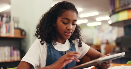 Girl, child and tablet in library for education, research or scroll for elearning project at school. Kid, tech or pupil with app, notes or solution with online course for scholarship at academy - Powered by Adobe