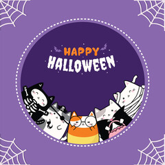 Happy Halloween Cute Cats Illustration – Kawaii Cat Characters in Halloween Costumes. Adorable cartoon kittens dressed as witch, mummy, skeleton, vampire, pumpkin and more. Perfect for Halloween