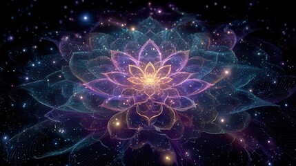 A radiant, ethereal lotus blossom with layers of petals glows brightly against a black, star-filled background