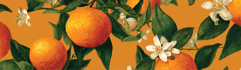 Vibrant orange fruit and blossoms seamless pattern with lush green leaves and warm background