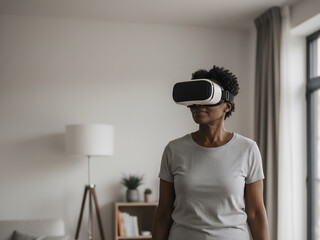 Black Senior Woman Pausing During VR Workout at Home