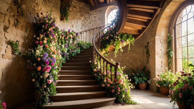 Stone walled stairway ascending in a circular pattern, floral arrangements adorning the walls and wooden staircase railing