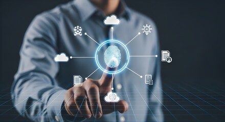 Person touching fingerprint scan with digital network and cloud icons security biometric